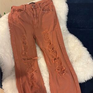 Orange Straight Leg Distressed Jeans